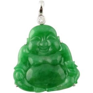 IGI Certified 18K White Gold Natural Jade and Diamond Large Buddha Pendant #3838